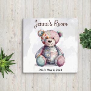 Personalized Patchwork Teddy Bear Canvas, Customizeh Baby Name and Birth Date