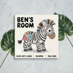 Zebra Nursery Art Print Personalized Baby Birth Stats Canvas