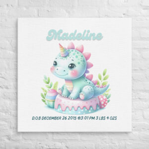 Personalized Unicorn Dinosaur Wall Art for Kids Room - Baby Birth Stats, Nursery Decor