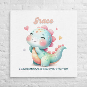Personalized Cute Dinosaur Canvas – Sweet Nursery Art for Baby Girls