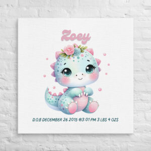 Personalized Pastel Dinosaur Canvas - Floral Nursery Art for Girls