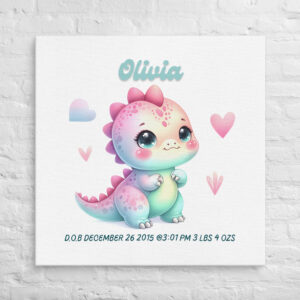 Personalized Dinosaur Art with Birth Stats – Sweet Nursery Wall Art for Girls