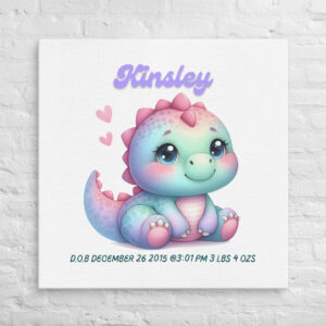 Personalized Rainbow Dinosaur Art – Colorful Nursery Art for Baby Girls