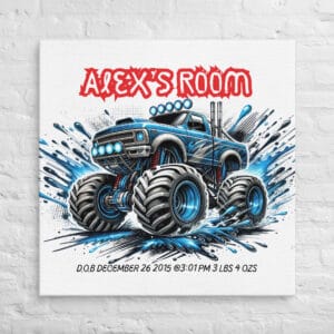 Personalized Blue Beast Monster Truck Wall Art with Birth Details