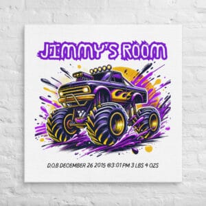 Purple Monster Truck Canvas for Kids room with Birth Details