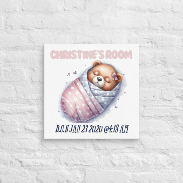 Personalized Baby Bear Nursery Canvas – Elegant Baby Girl Room Décor - Image 2