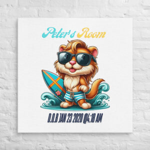 Personalized Surfing Lion – Lively Beach-Themed Wall Art